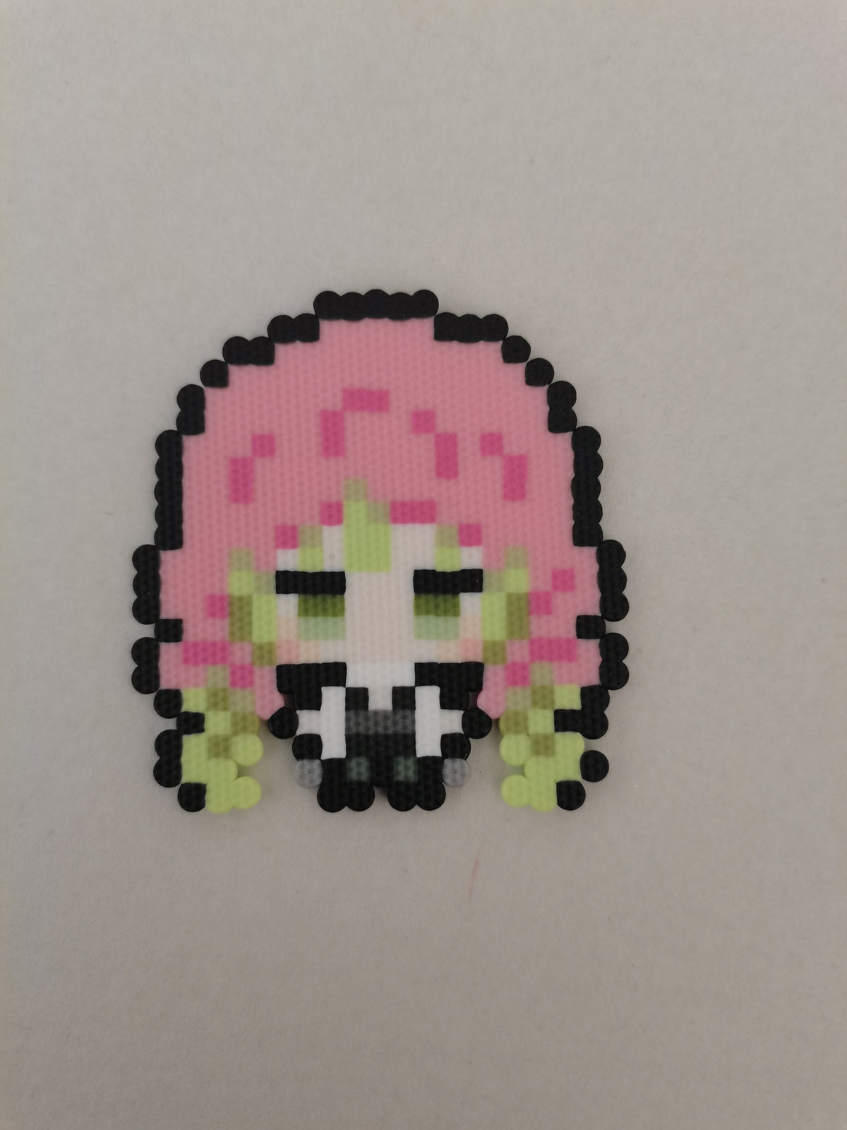 Mitsuri Kanroji (Love) — actual handmade pixel bead character photograph.