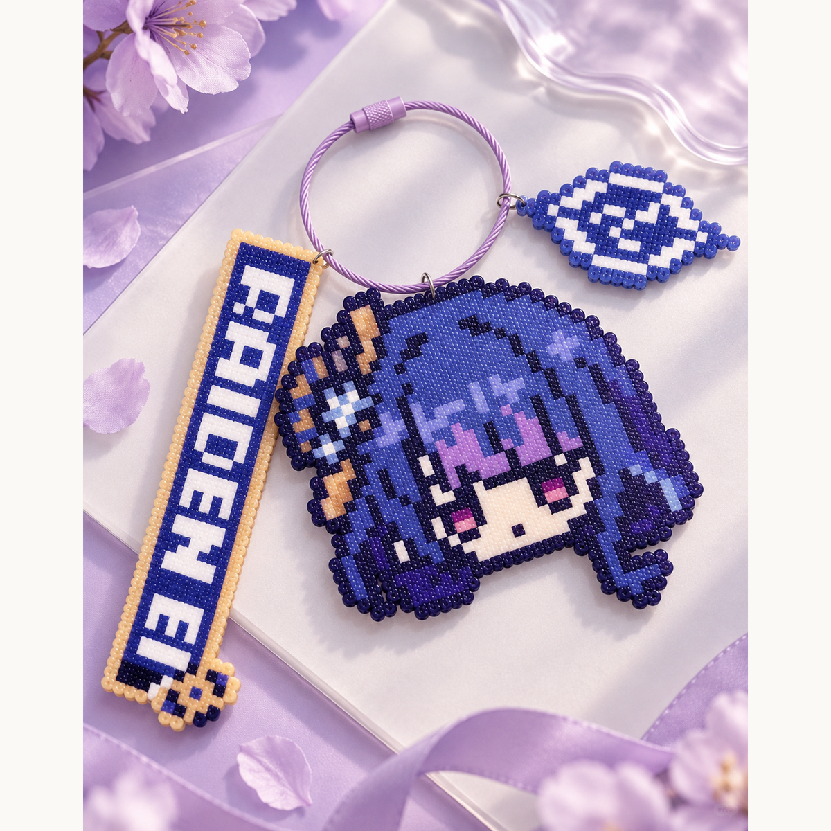 Raiden Ei Pixel Bead Keychain — complete cover, uncropped merchant image with display padding.