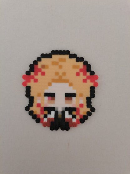 Kyojuro Rengoku (Flame) — actual handmade pixel bead character photograph.